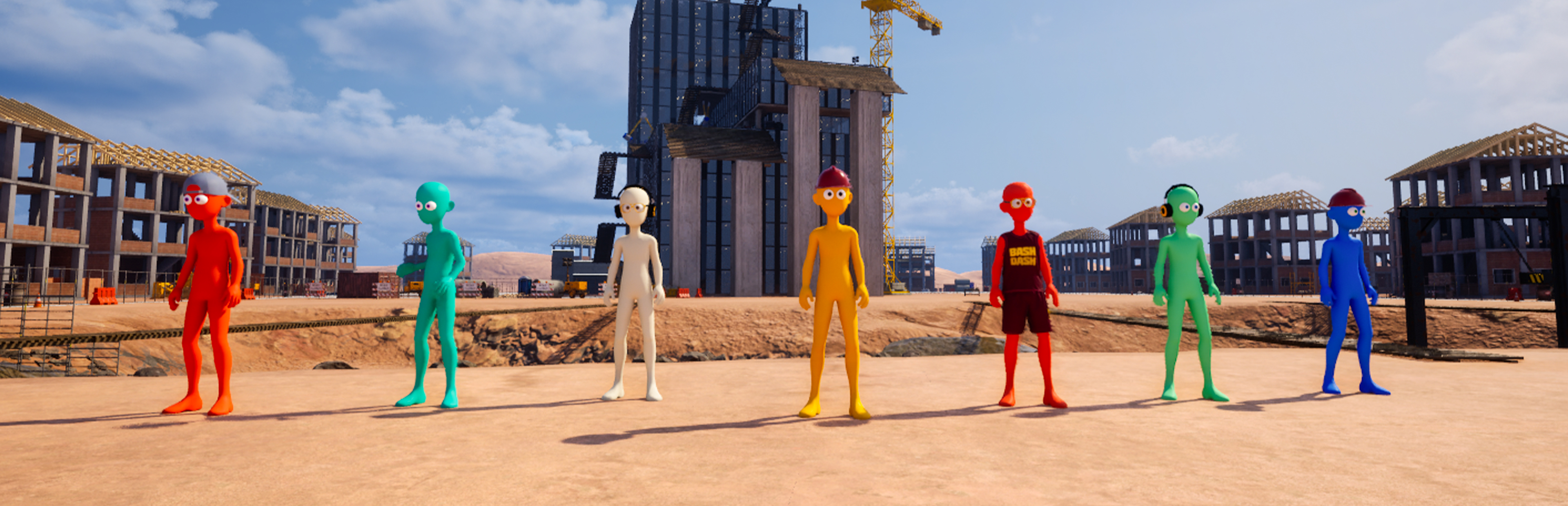 The colorful cast of BASHDASH lined up at the construction site